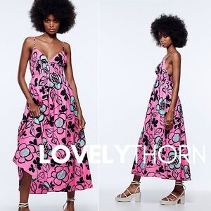 ZARA // retro-chic floral printed poplin smocked bodice plunge midi dress